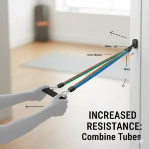 Diagram showing users how to safely stack and combine multiple workout tubes to increase the overall resistance for advanced training.