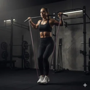 Performing a triceps extension exercise using one of the powerlifting bands for muscle isolation and continuous tension.