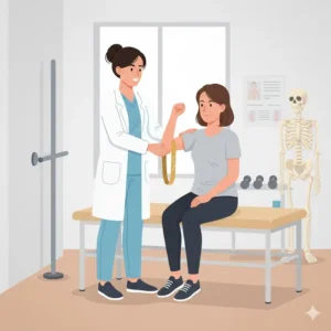 A physical therapist guiding a patient in rehabilitation exercises using a low-impact Thera Gold Band.