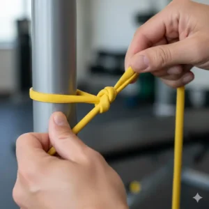 Instructional photo showing how to correctly tie a safe loop knot with the high-strength Theraband Gold bands for secure anchoring.
