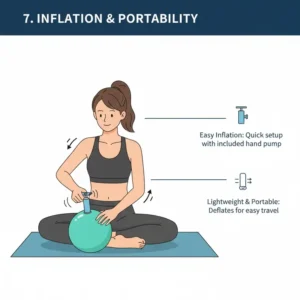 The lightweight Theraband Pilates Ball being easily inflated with a small hand pump, highlighting its portability.