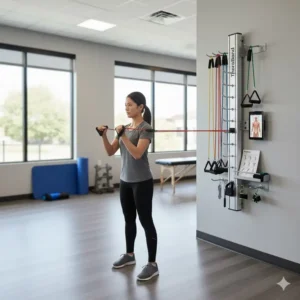 Compact and functional TheraBand wall station installed in a home gym for personal fitness and physical therapy exercises.