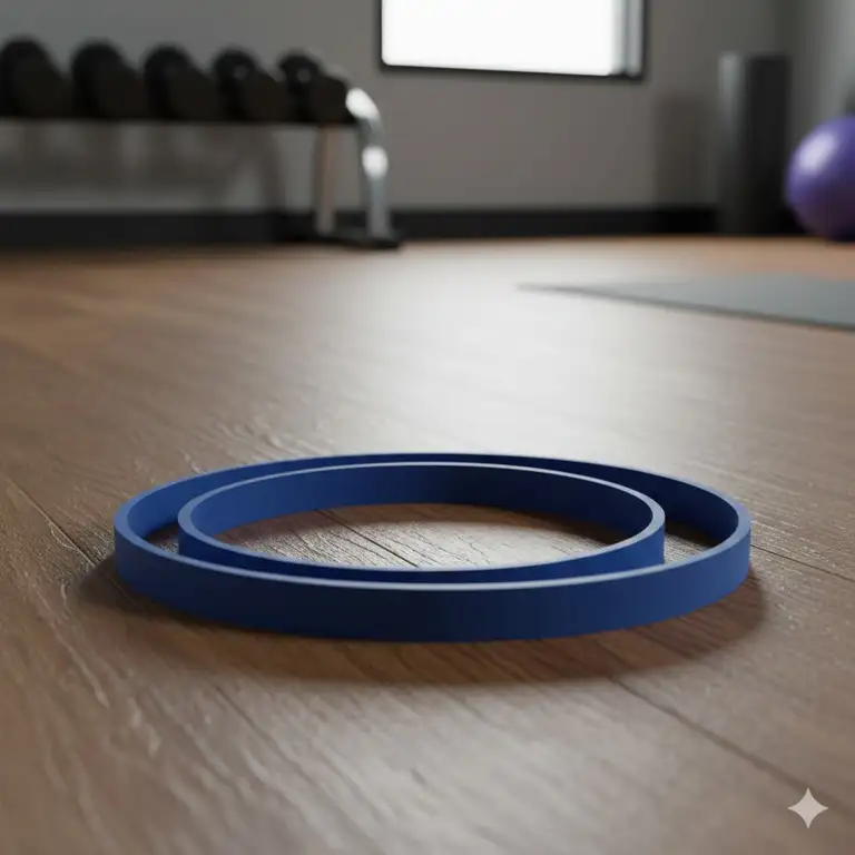 A high-quality professional blue resistance band laid out on a wooden gym floor.