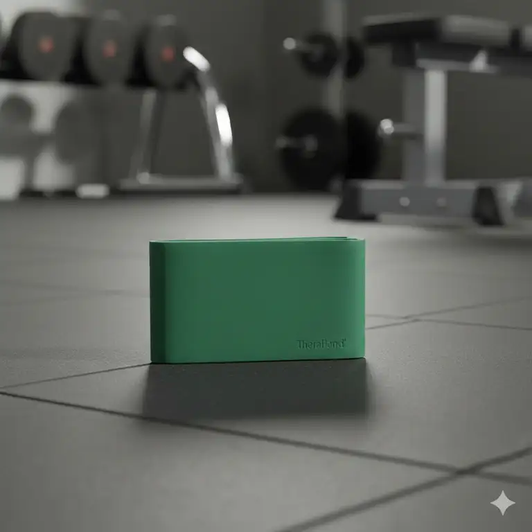 A professional green theraband heavy resistance band folded neatly on a gym floor.