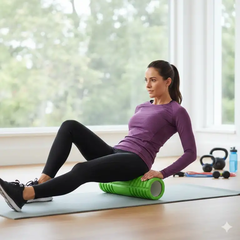 A professional athlete using a green thera band roller on a yoga mat for full-body recovery.