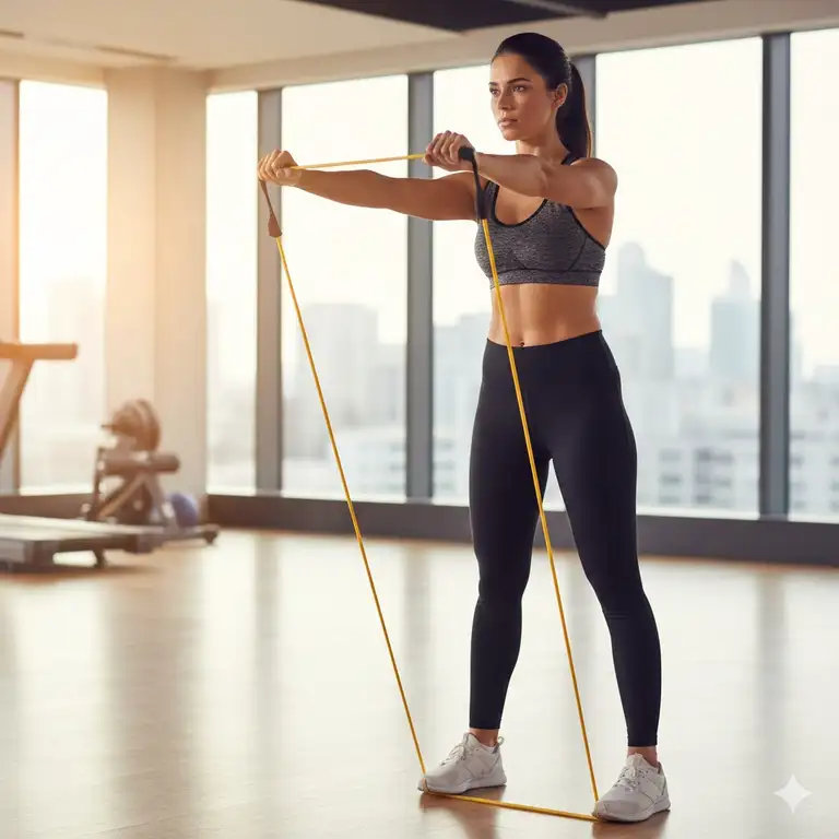 A woman in a gym performing professional shoulder exercises using a yellow exercise band.