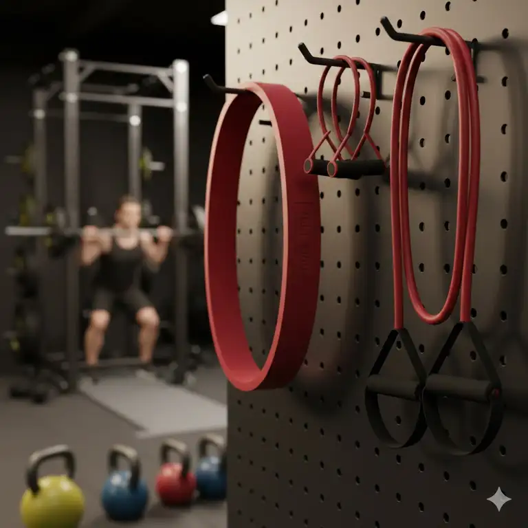 A professional set of red resistance bands displayed in a gym setting.