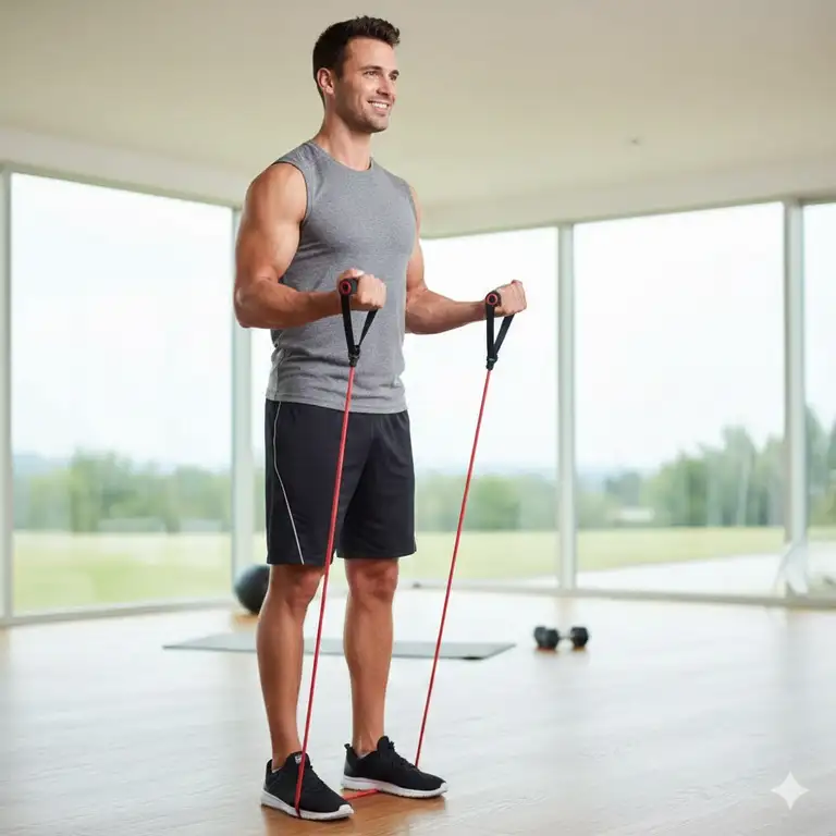A man performing a standing bicep curl using a thera tube band with comfortable handles, illustrating effective resistance band workouts.