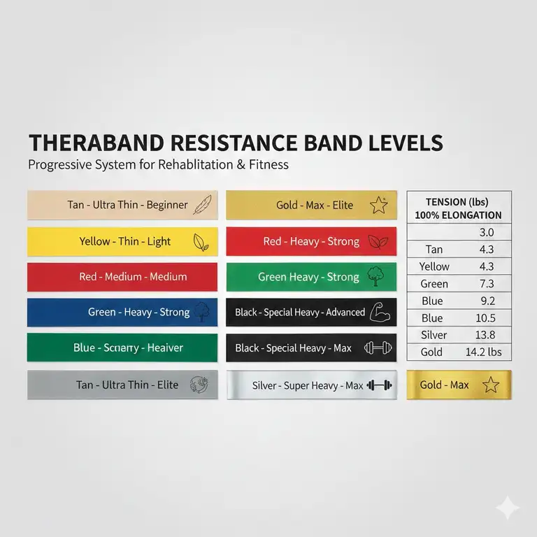 Complete color-coded chart of all Theraband resistance band levels from beginner to elite.