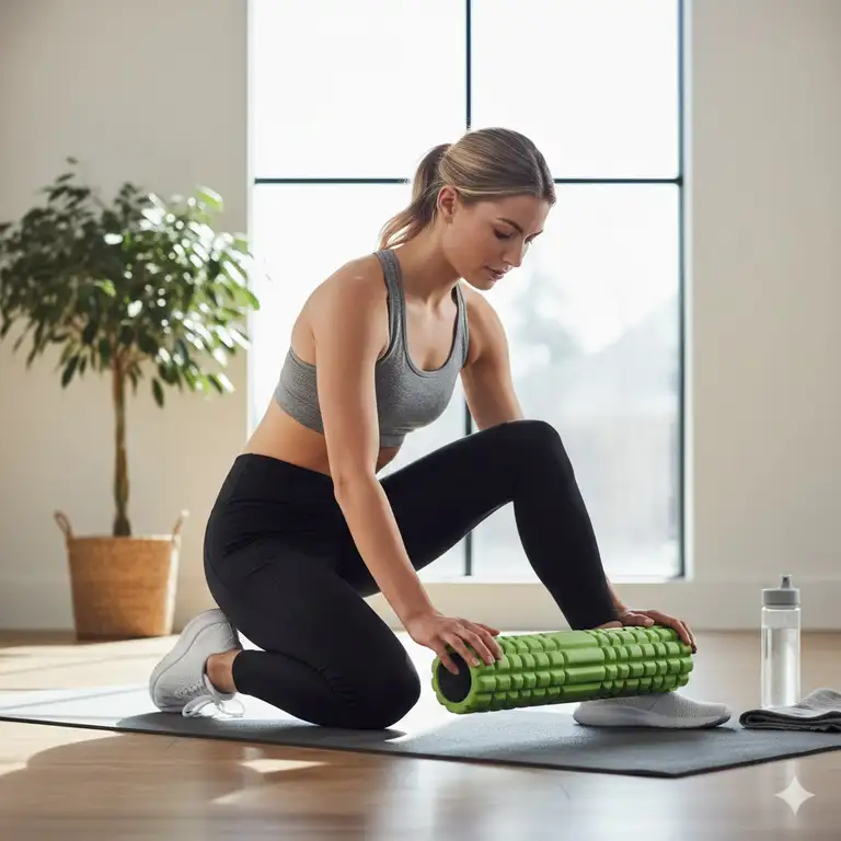 A fitness enthusiast using a green theraband roller for hamstring myofascial release on a yoga mat.