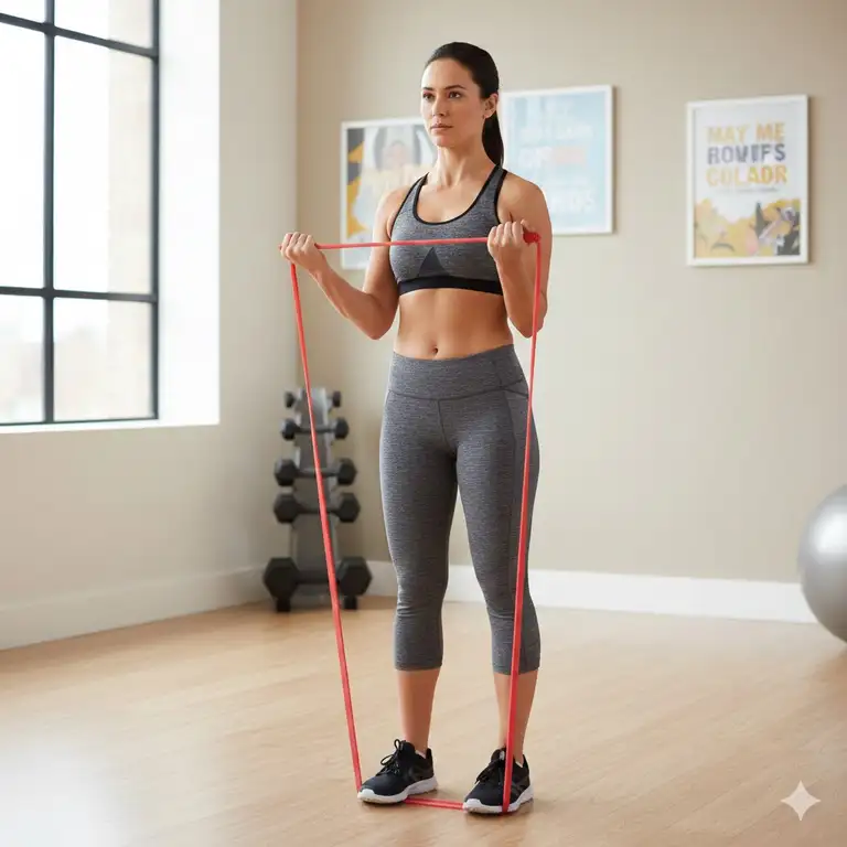 A person performing a low-impact bicep curl exercise using a red theraband resistance band for physical therapy and strength training.