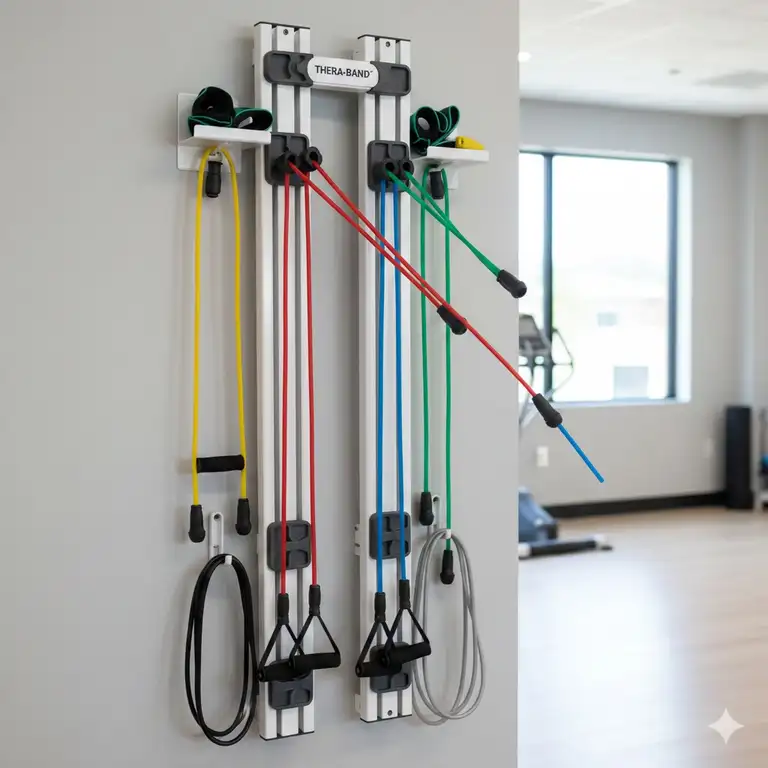 A complete thera band wall station mounted in a clinic, showing all resistance tube ports and storage hooks. This versatile system offers multiple anchor points for full-body resistance exercises.