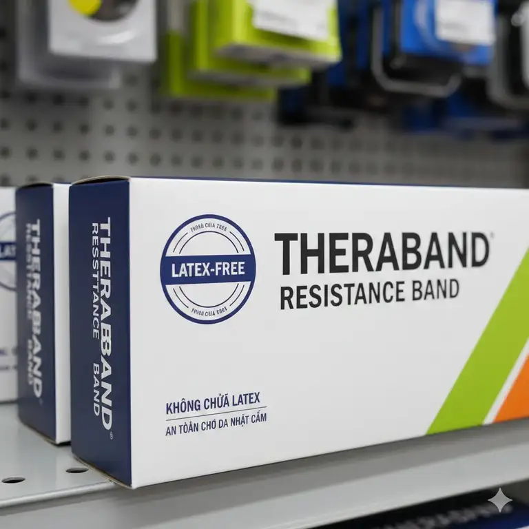 A close-up of TheraBand resistance bands packaging clearly showing the "Latex-Free" label, directly answering the user query: are therabands latex free?