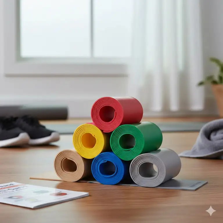 A complete set of multi-colored thera resistance bands, rolled up and stacked on a yoga mat on a wooden floor, ready for various home workouts.