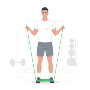 Illustration of a person performing a bicep curl using a green theraband for resistance training.