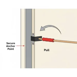 Close-up diagram showing the proper technique for safely anchoring a thera tube band to a door or sturdy post for various exercises.