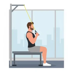 Detailed illustration of a person doing lat pulldowns with a light-resistance yellow exercise band.