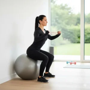 A user demonstrating a lower-body workout, performing a wall squat with a stability ball while holding a Theraband for added resistance.