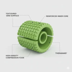 Detailed illustration showing the textured surface and durable construction of a theraband roller for deep tissue massage.