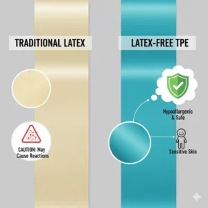 Comparison illustrating the texture difference between traditional latex TheraBands and the smooth, non-allergenic TPE material used in latex-free versions, highlighting safety for sensitive users, and answering: are therabands latex free?