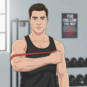 Close-up of an athlete using the red theraband for shoulder external rotation during physical therapy or injury rehabilitation.