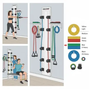 A patient performs a standing chest press using the thera band wall station resistance tubes, illustrating an effective upper body strengthening exercise.