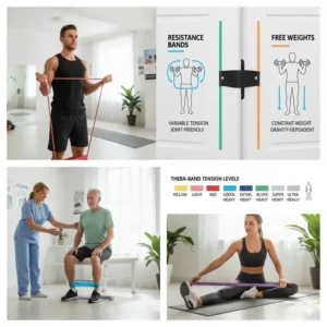 A person performing a standing bicep curl exercise using thera resistance bands, demonstrating the proper technique for upper body strength development.