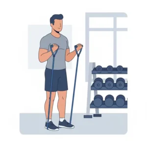 Vector illustration showing a person performing bicep curls using a medium-tension blue resistance band.