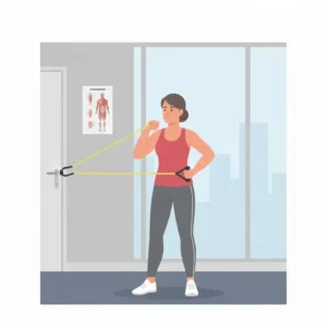 A physical therapy session showing a patient recovering mobility with a yellow exercise band.