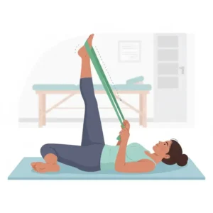 A diagram showing a leg stretch using a green theraband during a physical therapy session.