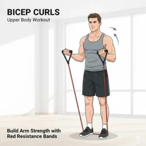 A person performing bicep curls using red resistance bands for strength training.