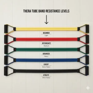 Comparison chart or photo displaying the different colors of thera tube bands and what level of resistance (light, medium, heavy) each color signifies.