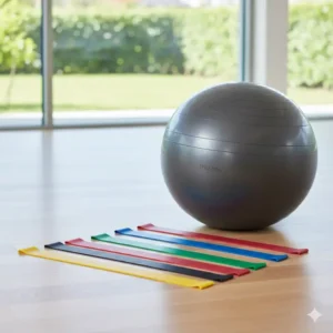 A collection of different color-coded Theraband resistance bands laid out next to an inflated stability ball, showing various resistance levels.