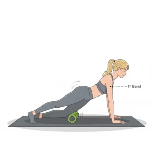 Illustration of the proper technique for using a theraband roller to relieve IT band tightness.