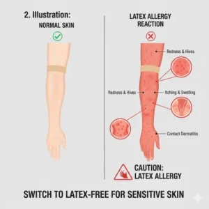 Diagram showing the typical symptoms of a latex allergy (rash, hives, itching) to emphasize why switching to latex-free resistance bands is essential, addressing the question: are therabands latex free?