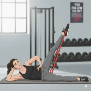 A woman lying on the floor doing a hip abduction exercise with the red theraband looped around her ankles to strengthen glute and hip muscles.