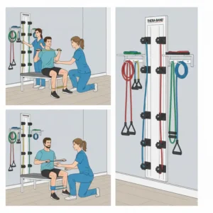 Close-up of a user doing a seated leg extension anchored to the lower ports of the thera band wall station for targeted quadriceps work.