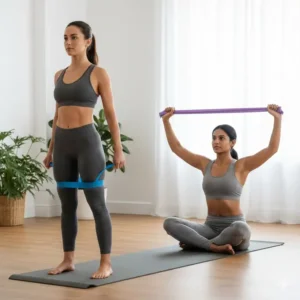 Close-up view of a thera resistance bands secured by a door anchor, illustrating the correct setup for high-tension vertical exercises.