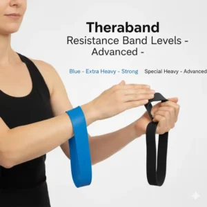 Blue and Black colors representing advanced Theraband resistance band levels for strength building.