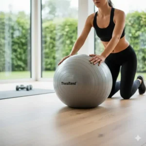 Close-up of hands and knees performing a controlled abdominal rollout exercise using the stability ball, targeting the core muscles.