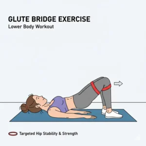 Gym enthusiast doing a glute bridge with red resistance bands to target hip muscles.