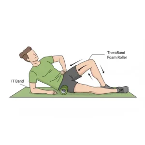 Side-view illustration demonstrating the correct IT band stretch technique with a thera band roller.