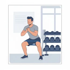 Illustration of an athlete performing squats with a blue resistance band looped around their thighs for glute activation.