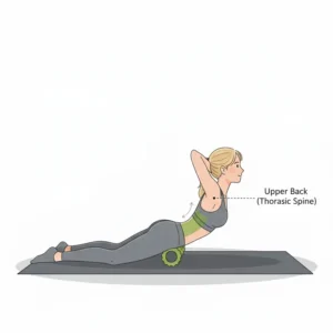 Diagram demonstrating how to safely use a theraband roller for upper back mobility and thoracic spine extension.