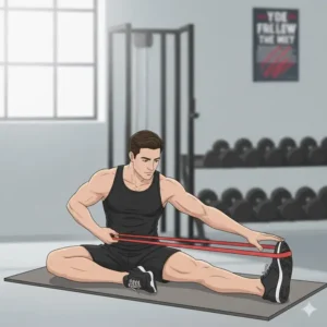 A person using the red theraband to assist with a deep hamstring stretch, improving flexibility and range of motion.