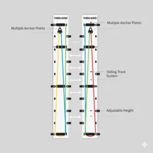 Detailed view of the thera band wall station vertical sliding track system, highlighting the multiple anchor points for varying exercise heights.