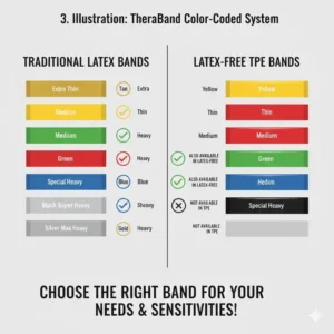 Chart depicting the official color-coding system of TheraBand, specifically noting which colors are available in both latex and latex-free versions, relevant to: are therabands latex free?