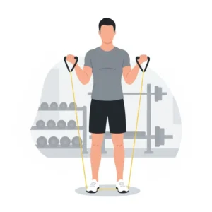 A fitness enthusiast standing on a yellow exercise band to perform bicep curls.