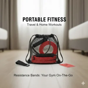 A compact set of red resistance bands packed in a portable carry bag.