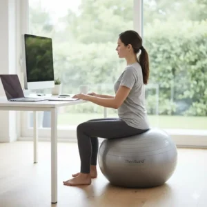 An illustration showing proper posture while sitting on a stability ball as an office chair alternative to improve balance and core strength.
